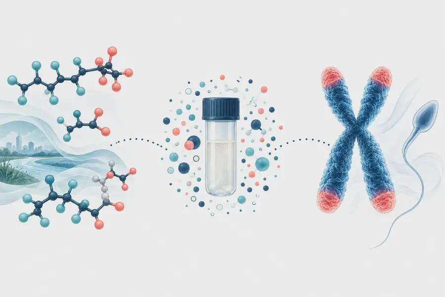 Concept illustration: Per-and polyfluoroalkyl substances, seminal plasma metabolome, and sperm telomere length and mitochondrial DNA copy number: a cohort study