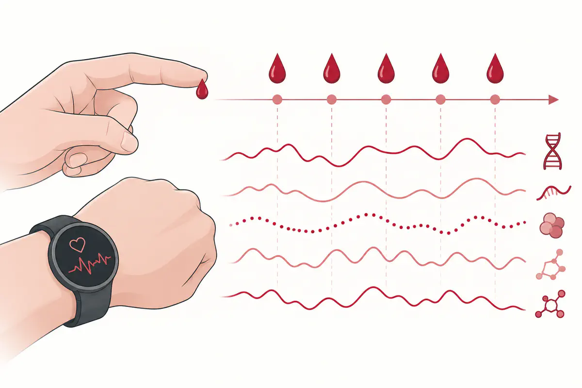 Repeated sampling and wearable sensing reveal health trajectories. Conceptual illustration.