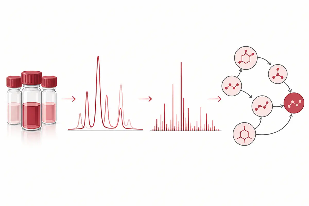 From samples and mass spectra to metabolic pathways. Conceptual illustration.