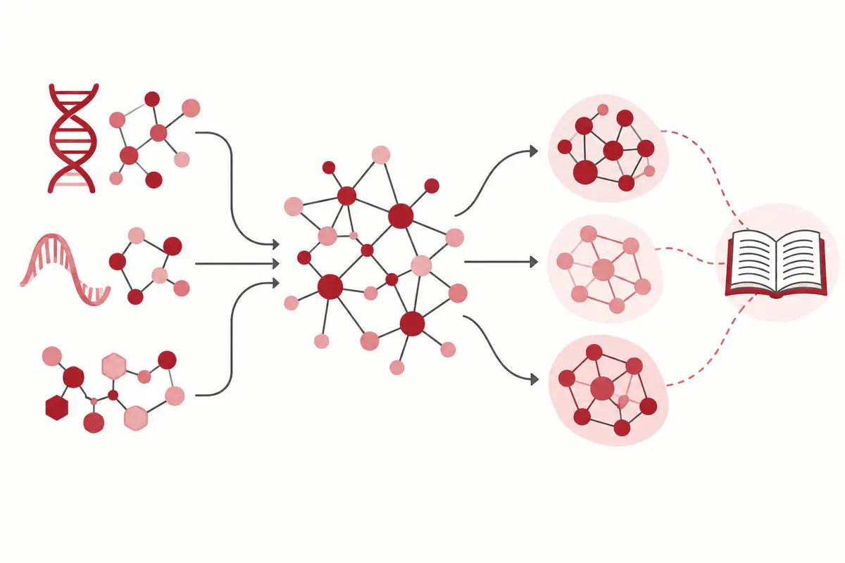 Integrating molecular layers into interpretable functional modules. Conceptual illustration.